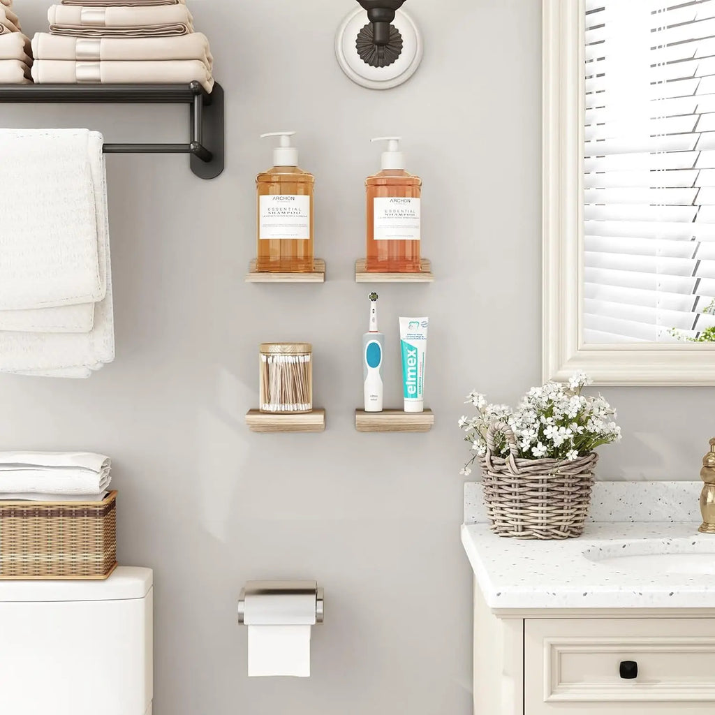 4-Pack Small Floating Shelves for Wall, Wood Shelf 5 Inch Display Ledges Room Decor, Mini with 2 Types of Installation