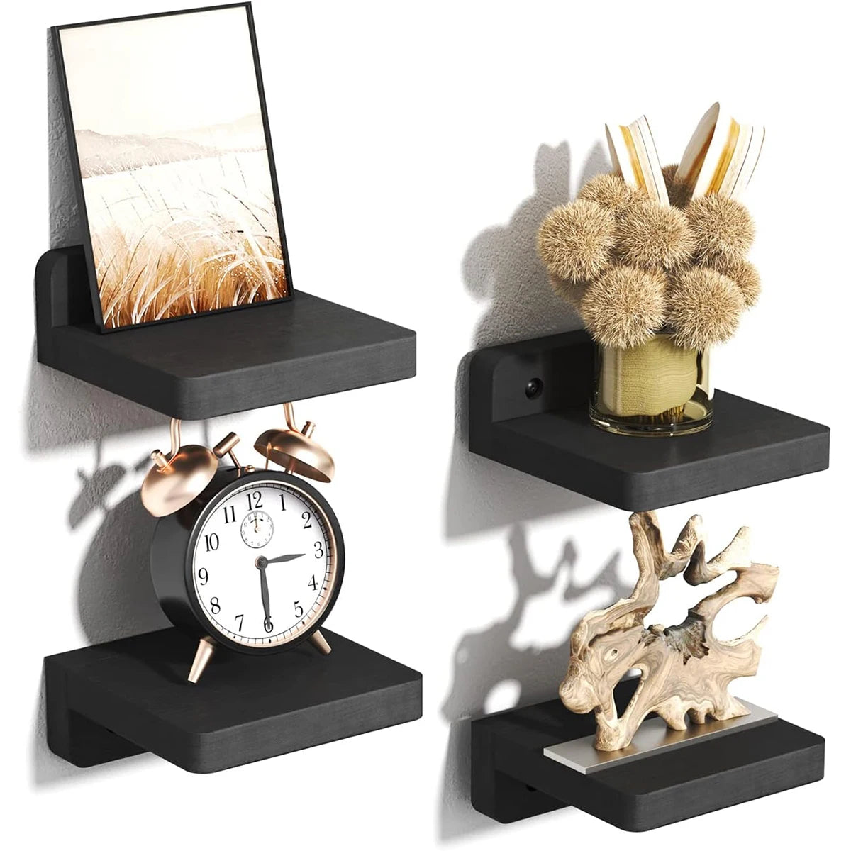 4-Pack Small Floating Shelves for Wall, Wood Shelf 5 Inch Display Ledges Room Decor, Mini with 2 Types of Installation